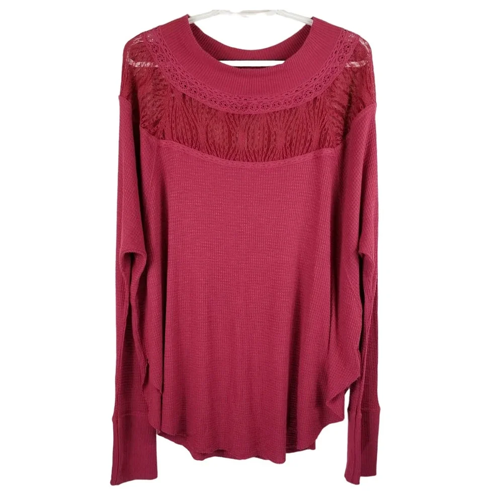 Free People Ribbed Lace Winter Pullover Flirty Red Sweater Women's M - Picture 1 of 5